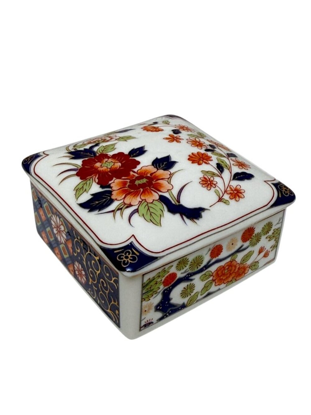 Vintage Imari Style Trinket Box Made in Japan Asian Porcelain Floral 2.75"